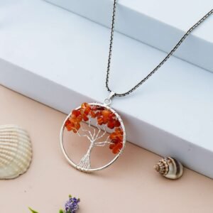 Carnelian Pendant Tree of Life Crystal Stone Pendant Locket with Metal Chain for  Healing Crystal Healing Gemstone Size 35-40 mm Carnelian